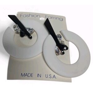 NEW Vintage White plastic Hoop Clip On Earrings Black Bar Rhinestone USA NOS